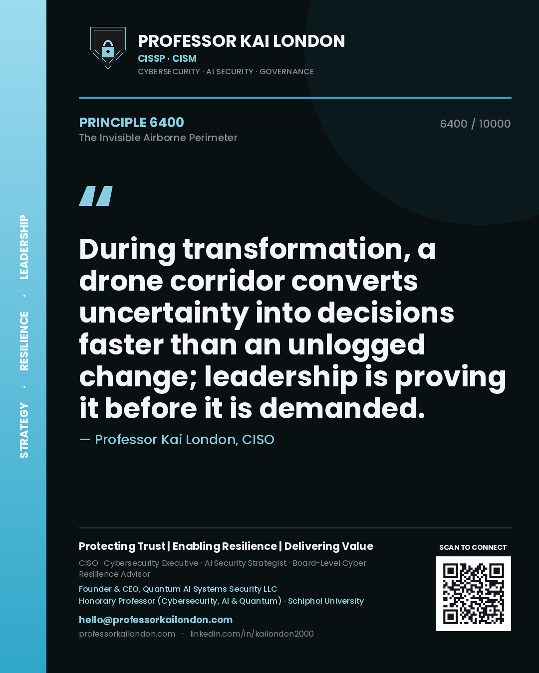 Professor Kai London principle 6400: During transformation, a drone corridor converts uncertainty into decisions faster than an unlogged change; leadership is proving it before it is demanded.