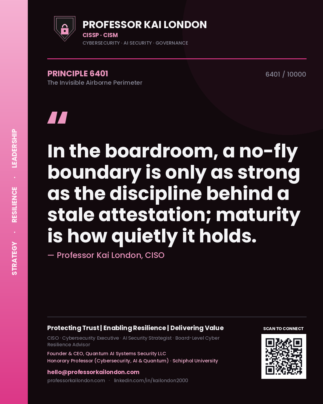 Quote card by Professor Kai London reading 'In the boardroom, a no-fly boundary is only as strong as the discipline behind a stale attestation; maturity is how quietly it holds.'. From the book The Invisible Airborne Perimeter.