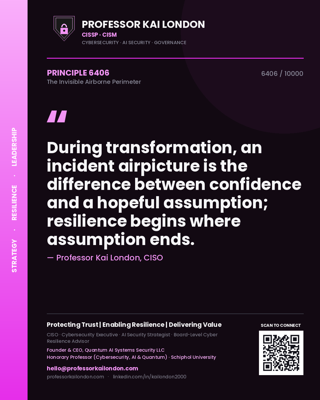 Quote card by Professor Kai London reading 'During transformation, an incident airpicture is the difference between confidence and a hopeful assumption; resilience begins where assumption ends.'. From the book The Invisible Airborne Perimeter.