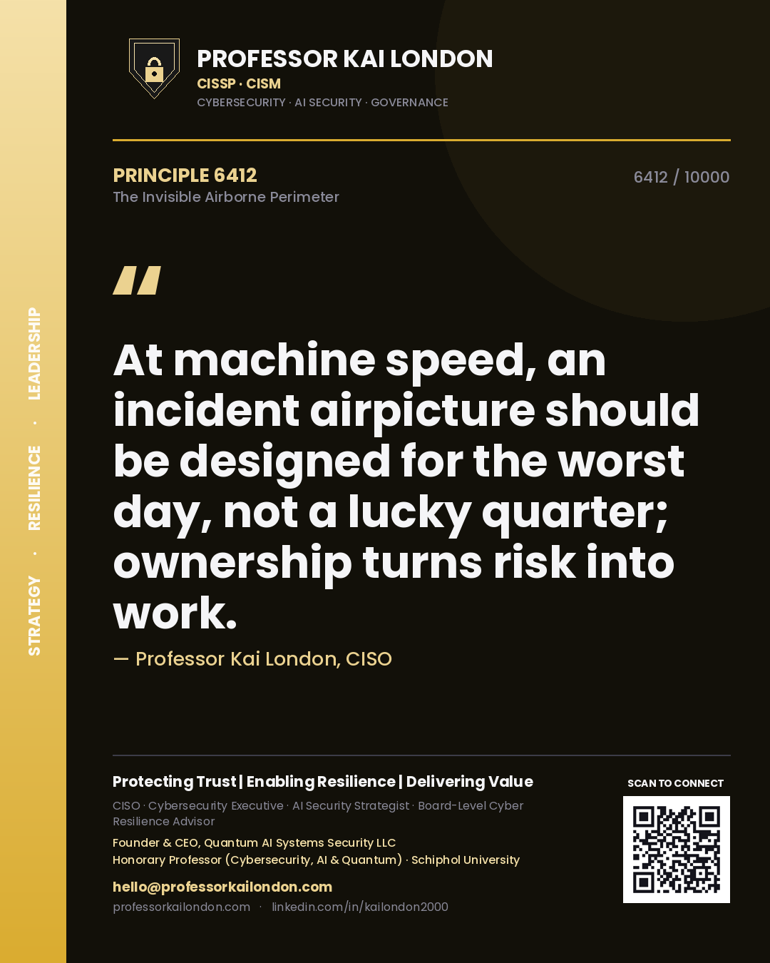 Quote card by Professor Kai London reading 'At machine speed, an incident airpicture should be designed for the worst day, not a lucky quarter; ownership turns risk into work.'. From the book The Invisible Airborne Perimeter.