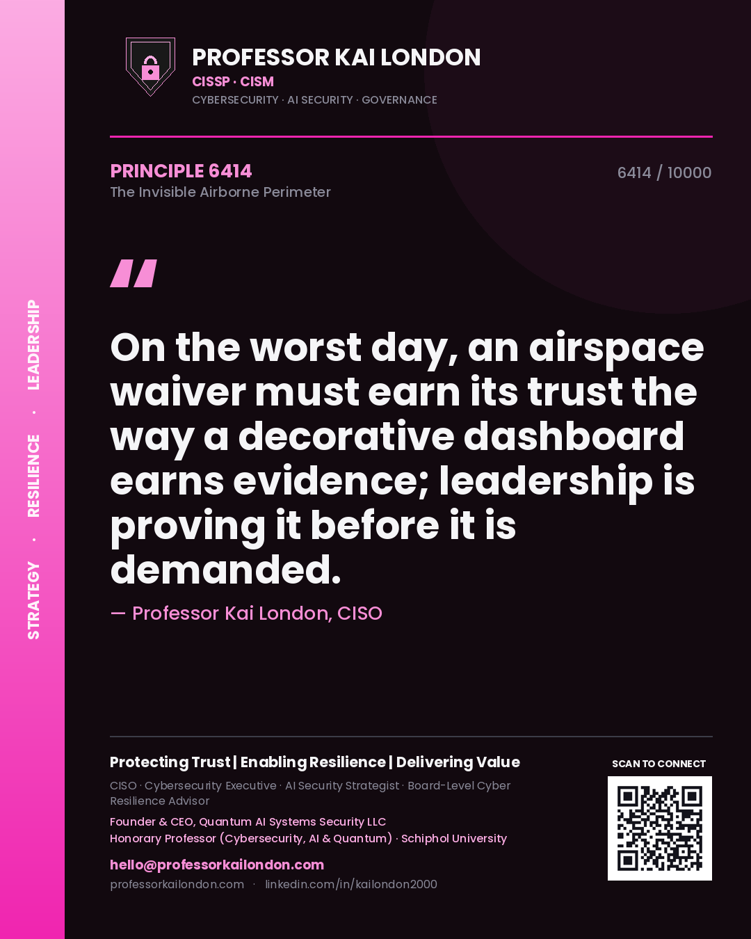 Quote card by Professor Kai London reading 'On the worst day, an airspace waiver must earn its trust the way a decorative dashboard earns evidence; leadership is proving it before it is demanded.'. From the book The Invisible Airborne Perimeter.