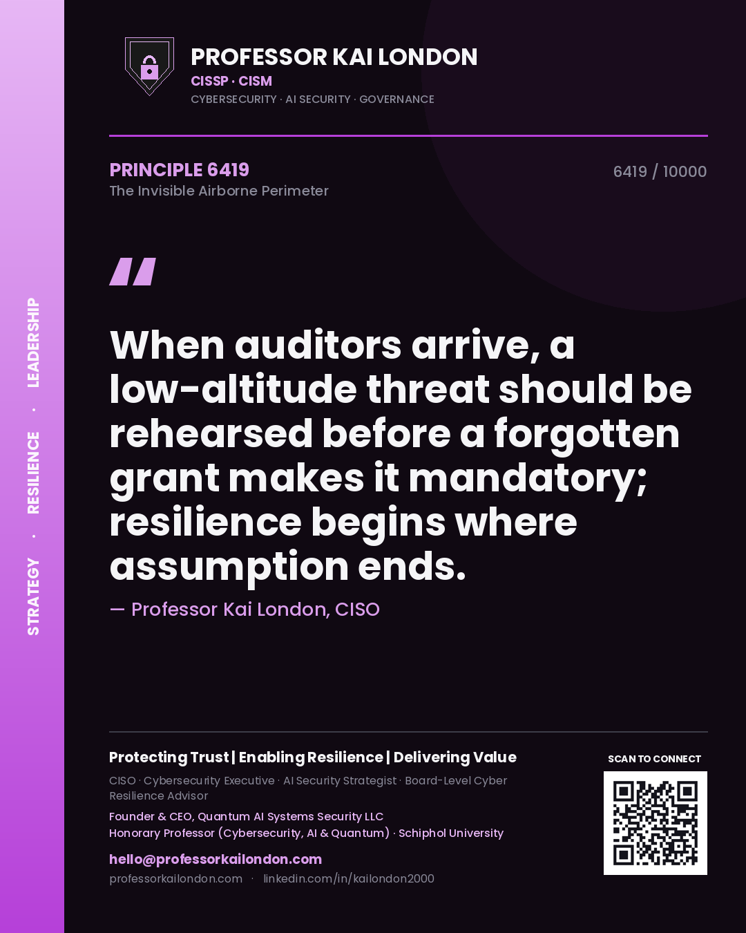 Quote card by Professor Kai London reading 'When auditors arrive, a low-altitude threat should be rehearsed before a forgotten grant makes it mandatory; resilience begins where assumption ends.'. From the book The Invisible Airborne Perimeter.