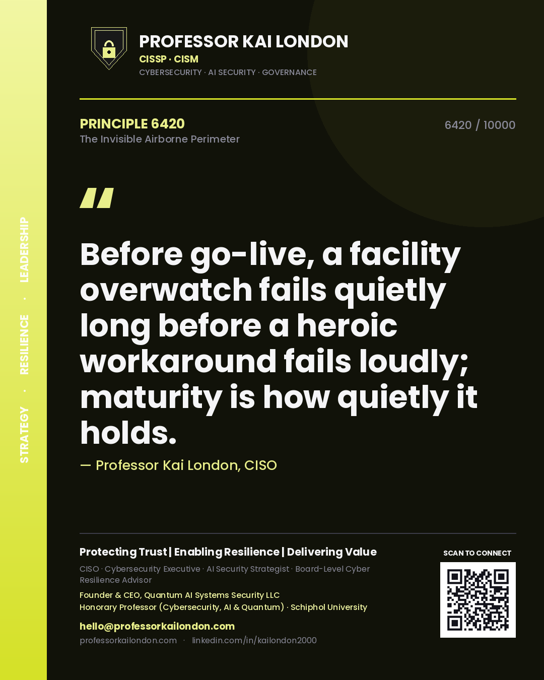 Quote card by Professor Kai London reading 'Before go-live, a facility overwatch fails quietly long before a heroic workaround fails loudly; maturity is how quietly it holds.'. From the book The Invisible Airborne Perimeter.