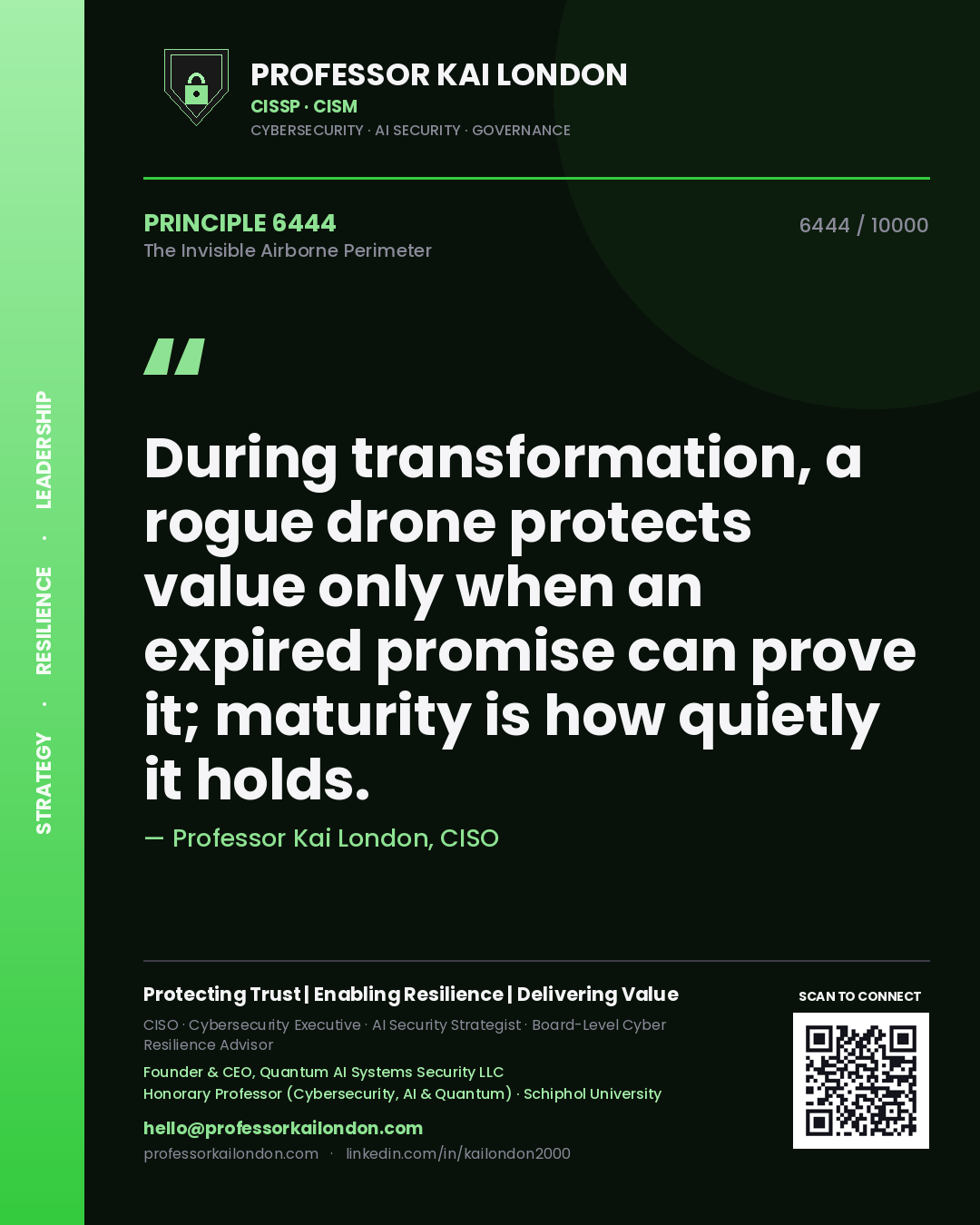 Professor Kai London principle 6444: During transformation, a rogue drone protects value only when an expired promise can prove it; maturity is how quietly it holds.