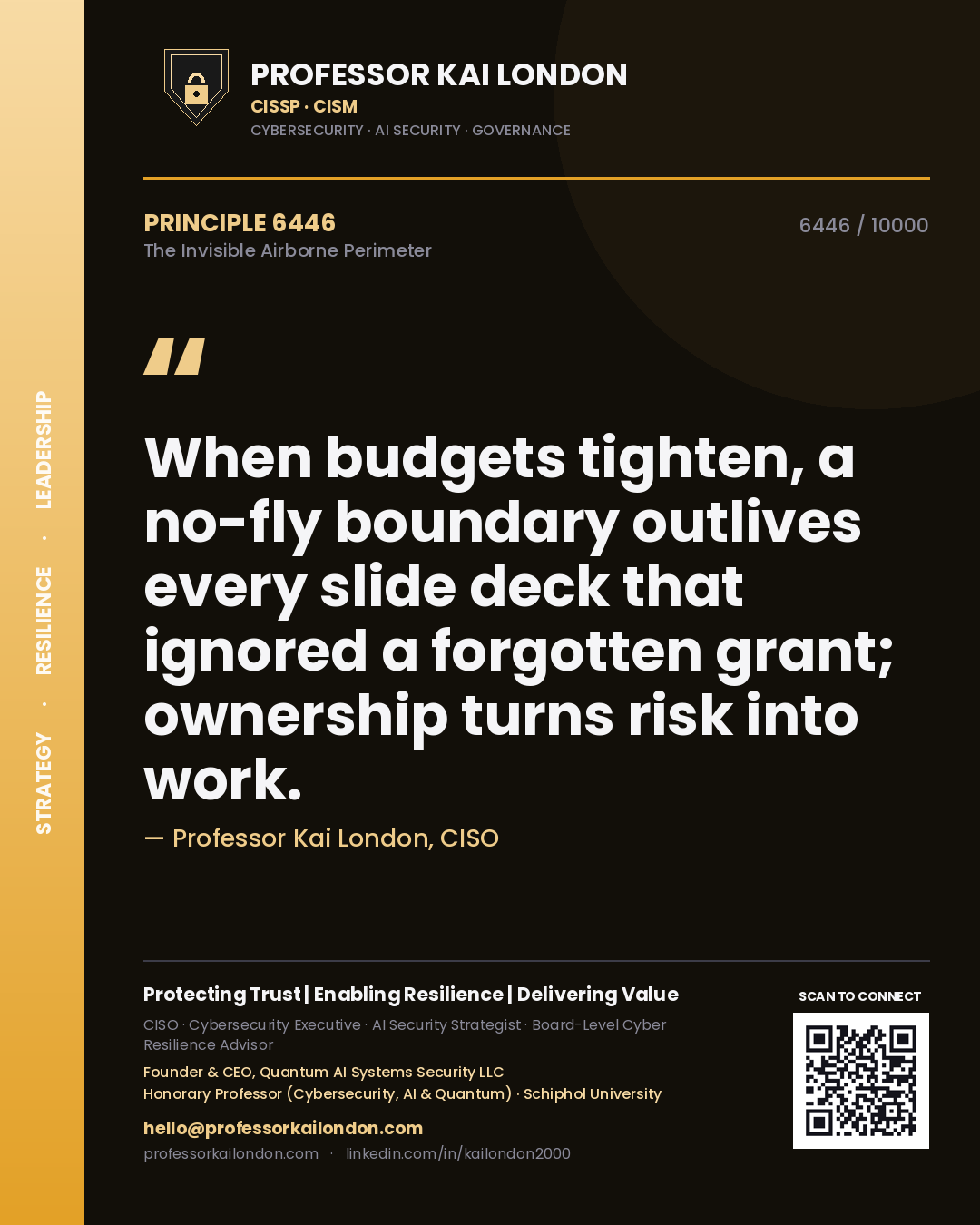 Quote card by Professor Kai London reading 'When budgets tighten, a no-fly boundary outlives every slide deck that ignored a forgotten grant; ownership turns risk into work.'. From the book The Invisible Airborne Perimeter.