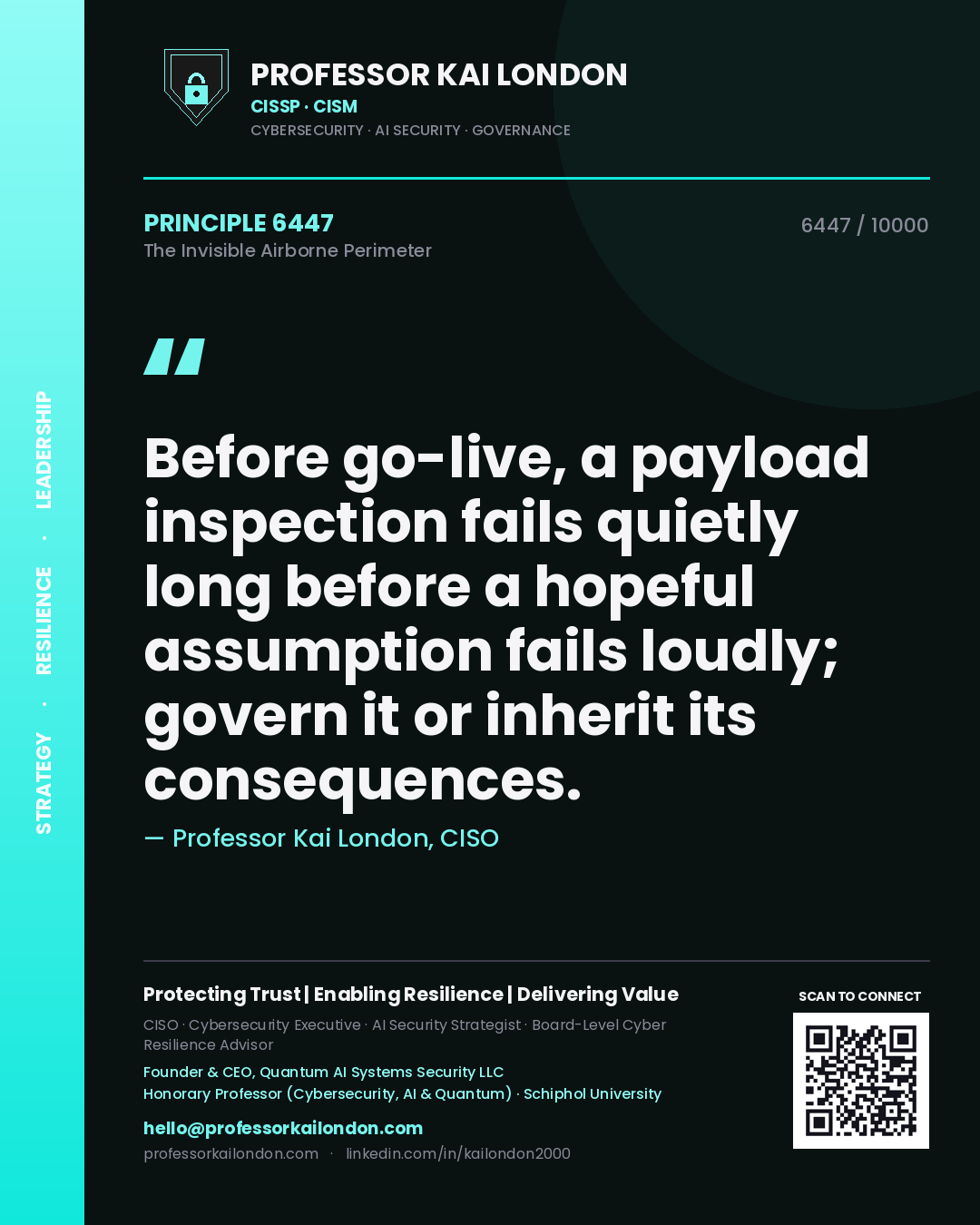 Quote card by Professor Kai London reading 'Before go-live, a payload inspection fails quietly long before a hopeful assumption fails loudly; govern it or inherit its consequences.'. From the book The Invisible Airborne Perimeter.