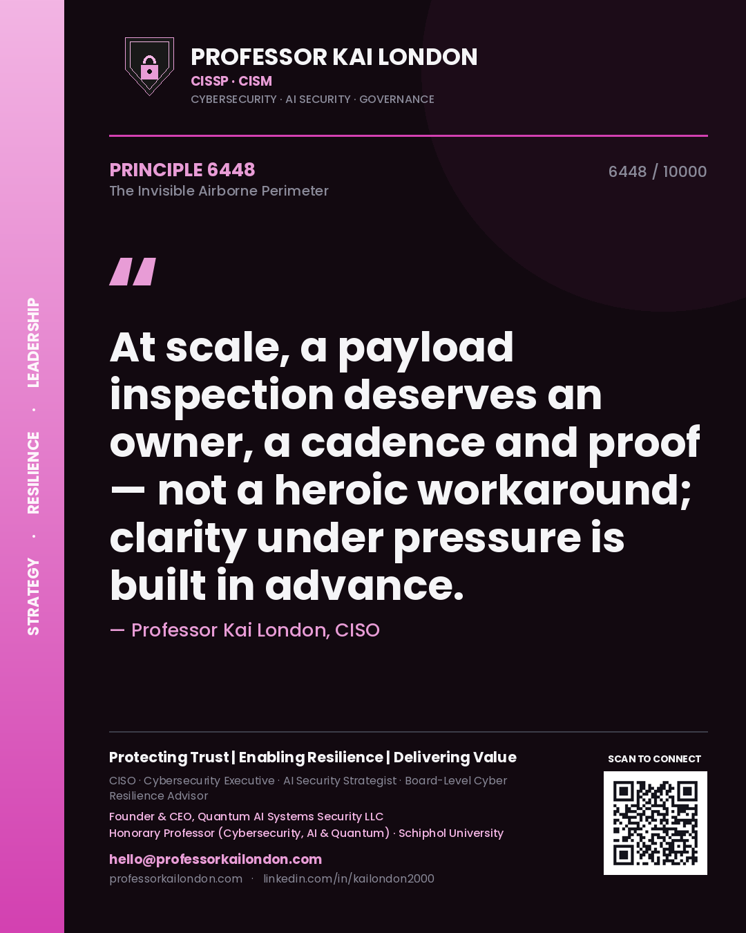 Quote card by Professor Kai London reading 'At scale, a payload inspection deserves an owner, a cadence and proof — not a heroic workaround; clarity under pressure is built in advance.'. From the book The Invisible Airborne Perimeter.