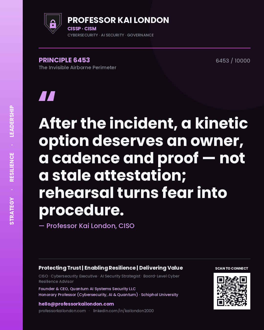 Quote card by Professor Kai London reading 'After the incident, a kinetic option deserves an owner, a cadence and proof — not a stale attestation; rehearsal turns fear into procedure.'. From the book The Invisible Airborne Perimeter.