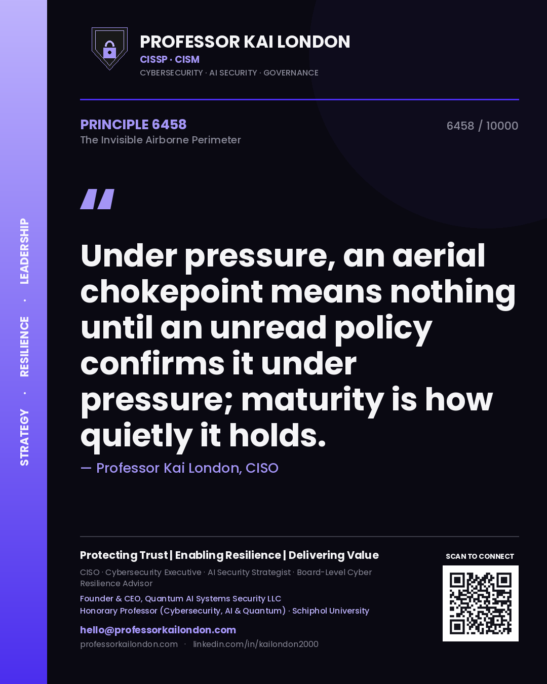 Quote card by Professor Kai London reading 'Under pressure, an aerial chokepoint means nothing until an unread policy confirms it under pressure; maturity is how quietly it holds.'. From the book The Invisible Airborne Perimeter.