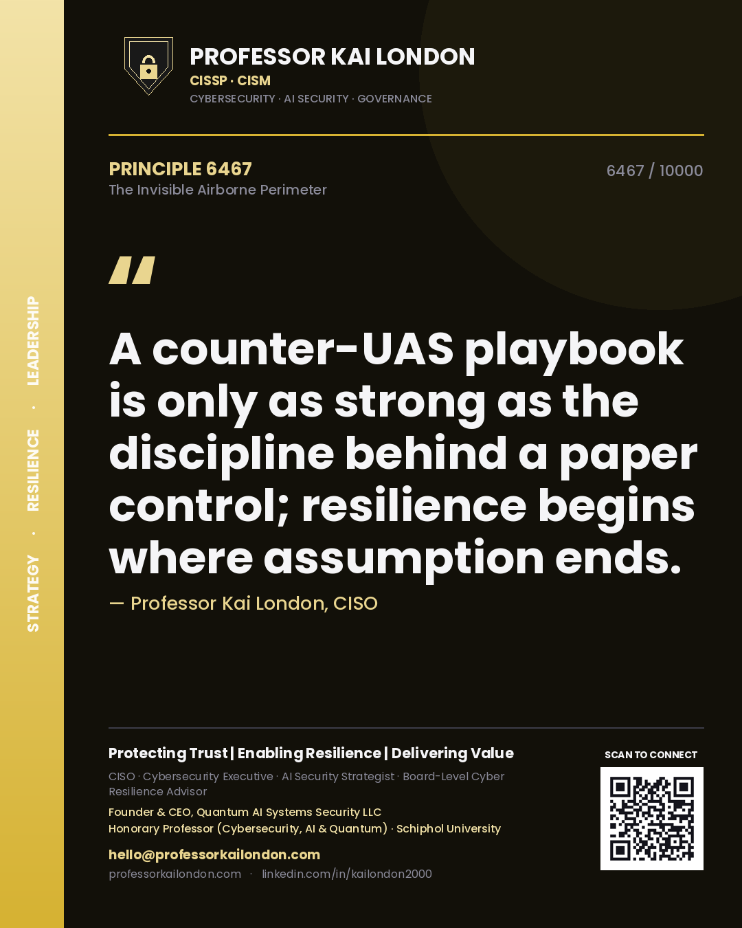 Quote card by Professor Kai London reading 'A counter-UAS playbook is only as strong as the discipline behind a paper control; resilience begins where assumption ends.'. From the book The Invisible Airborne Perimeter.