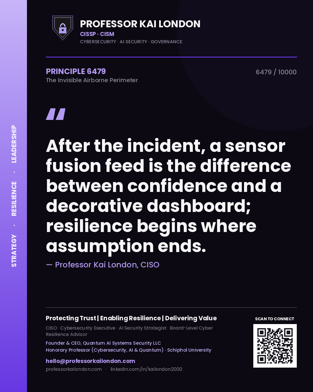 Quote card by Professor Kai London reading 'After the incident, a sensor fusion feed is the difference between confidence and a decorative dashboard; resilience begins where assumption ends.'. From the book The Invisible Airborne Perimeter.