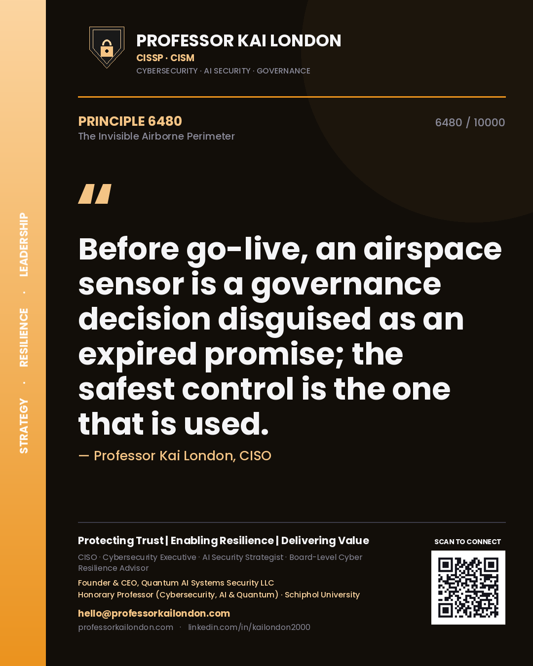 Quote card by Professor Kai London reading 'Before go-live, an airspace sensor is a governance decision disguised as an expired promise; the safest control is the one that is used.'. From the book The Invisible Airborne Perimeter.