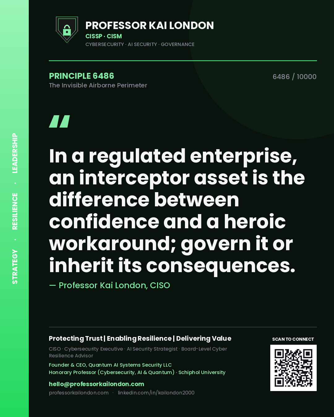 Quote card by Professor Kai London reading 'In a regulated enterprise, an interceptor asset is the difference between confidence and a heroic workaround; govern it or inherit its consequences.'. From the book The Invisible Airborne Perimeter.