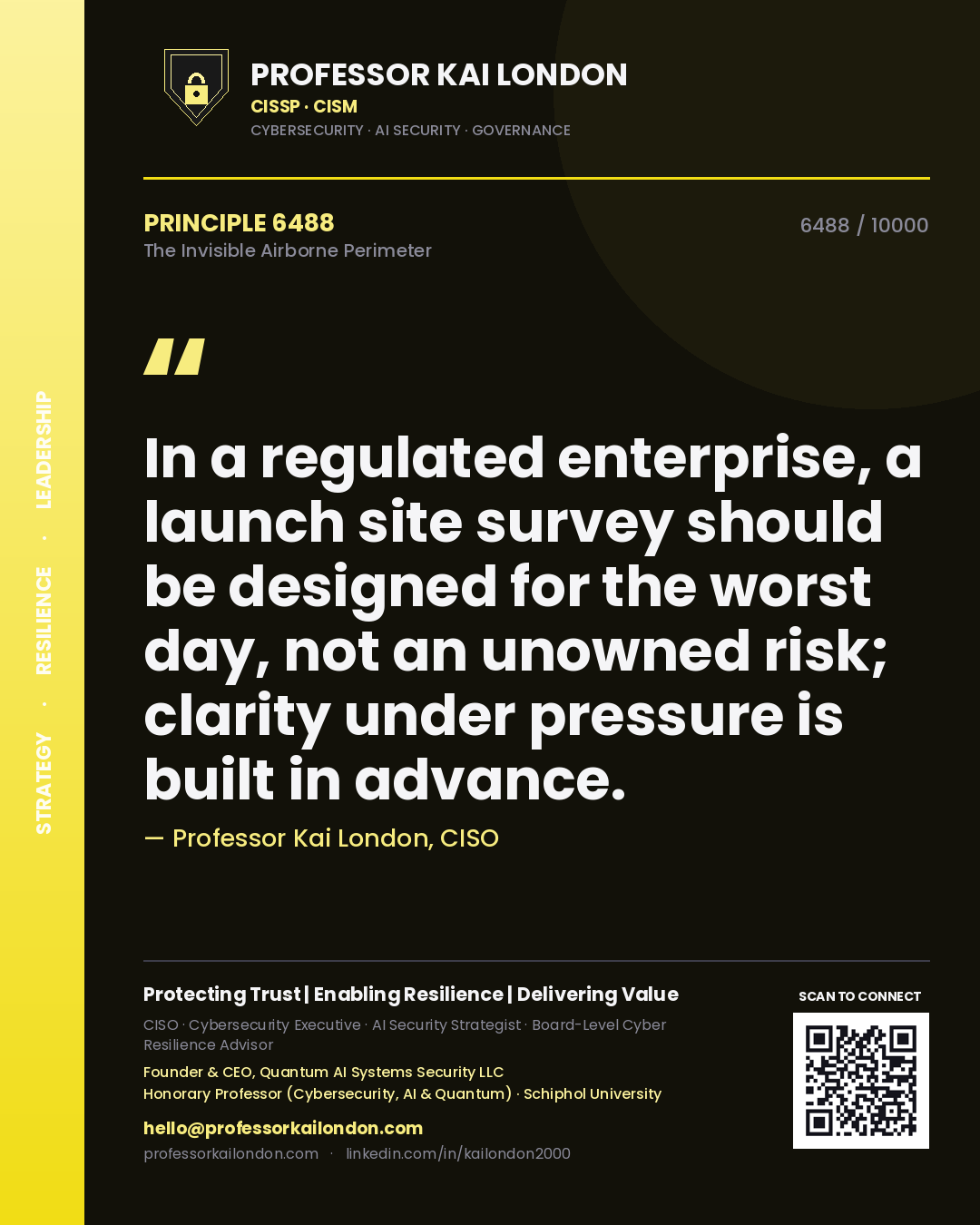 Quote card by Professor Kai London reading 'In a regulated enterprise, a launch site survey should be designed for the worst day, not an unowned risk; clarity under pressure is built in advance.'. From the book The Invisible Airborne Perimeter.