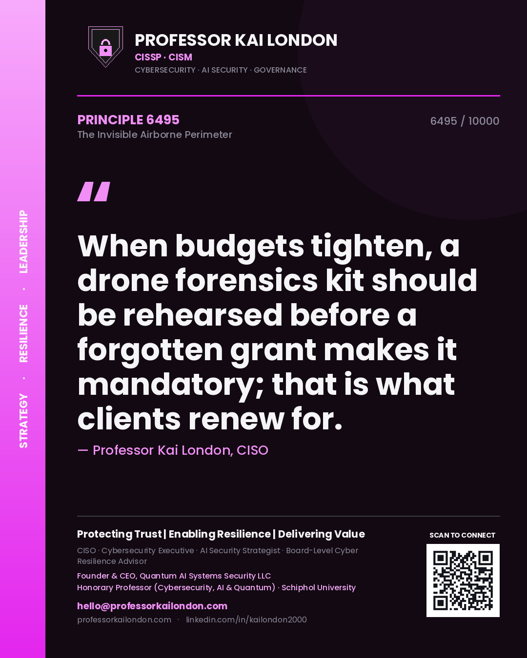 Quote card by Professor Kai London reading 'When budgets tighten, a drone forensics kit should be rehearsed before a forgotten grant makes it mandatory; that is what clients renew for.'. From the book The Invisible Airborne Perimeter.