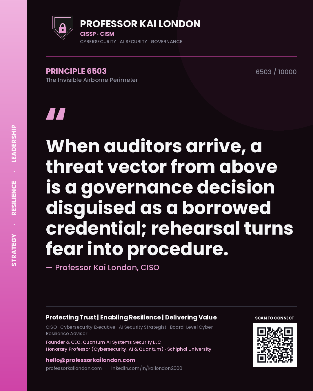 Quote card by Professor Kai London reading 'When auditors arrive, a threat vector from above is a governance decision disguised as a borrowed credential; rehearsal turns fear into procedure.'. From the book The Invisible Airborne Perimeter.