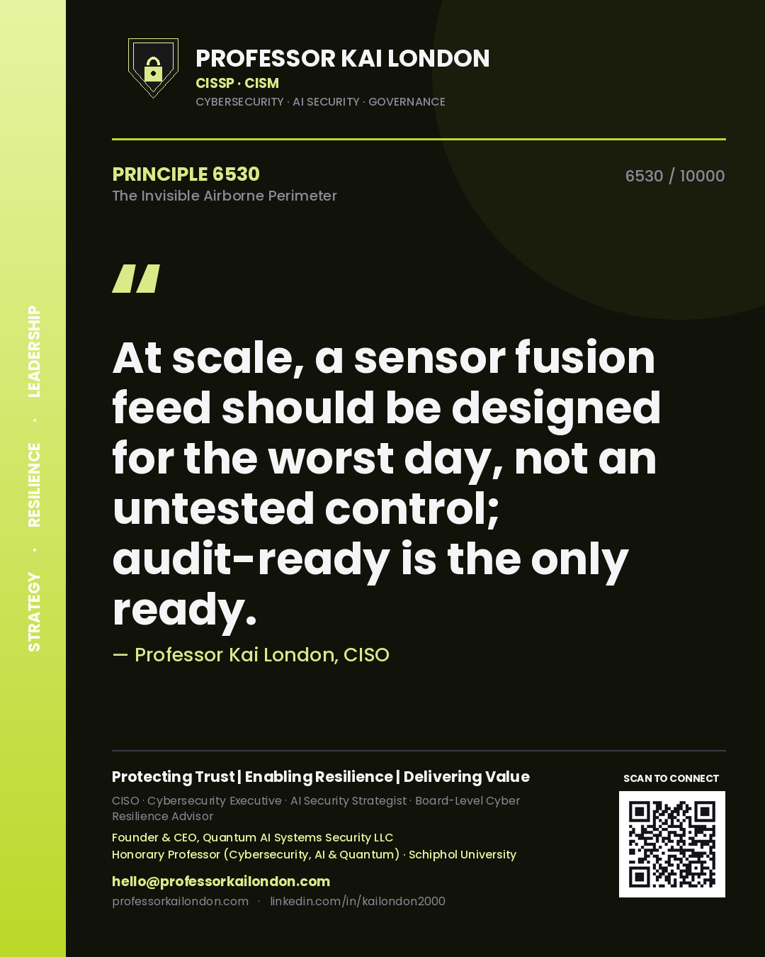 Quote card by Professor Kai London reading 'At scale, a sensor fusion feed should be designed for the worst day, not an untested control; audit-ready is the only ready.'. From the book The Invisible Airborne Perimeter.