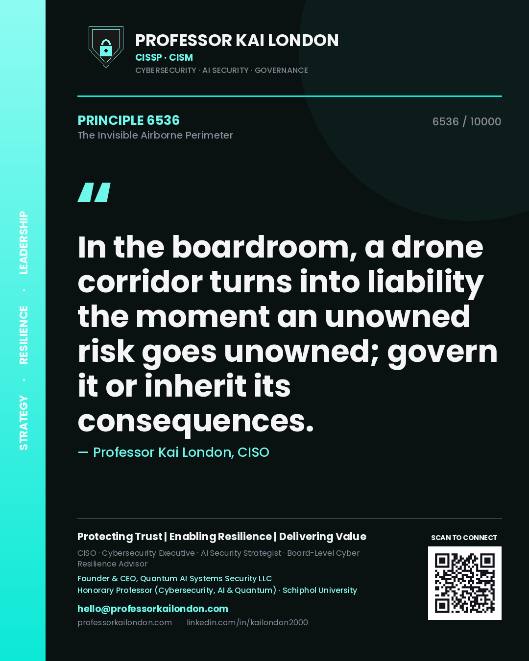 Quote card by Professor Kai London reading 'In the boardroom, a drone corridor turns into liability the moment an unowned risk goes unowned; govern it or inherit its consequences.'. From the book The Invisible Airborne Perimeter.