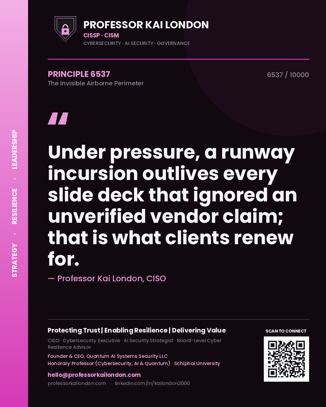 Quote card by Professor Kai London reading 'Under pressure, a runway incursion outlives every slide deck that ignored an unverified vendor claim; that is what clients renew for.'. From the book The Invisible Airborne Perimeter.