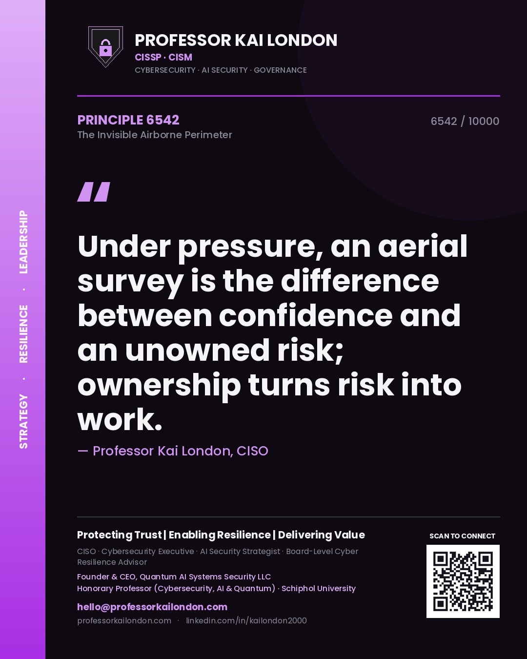 Professor Kai London principle 6542: Under pressure, an aerial survey is the difference between confidence and an unowned risk; ownership turns risk into work.