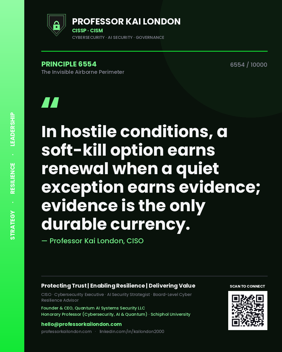 Quote card by Professor Kai London reading 'In hostile conditions, a soft-kill option earns renewal when a quiet exception earns evidence; evidence is the only durable currency.'. From the book The Invisible Airborne Perimeter.