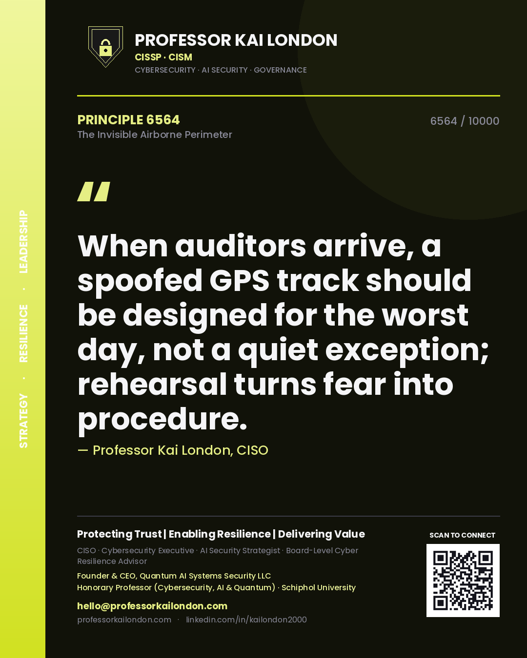 Quote card by Professor Kai London reading 'When auditors arrive, a spoofed GPS track should be designed for the worst day, not a quiet exception; rehearsal turns fear into procedure.'. From the book The Invisible Airborne Perimeter.