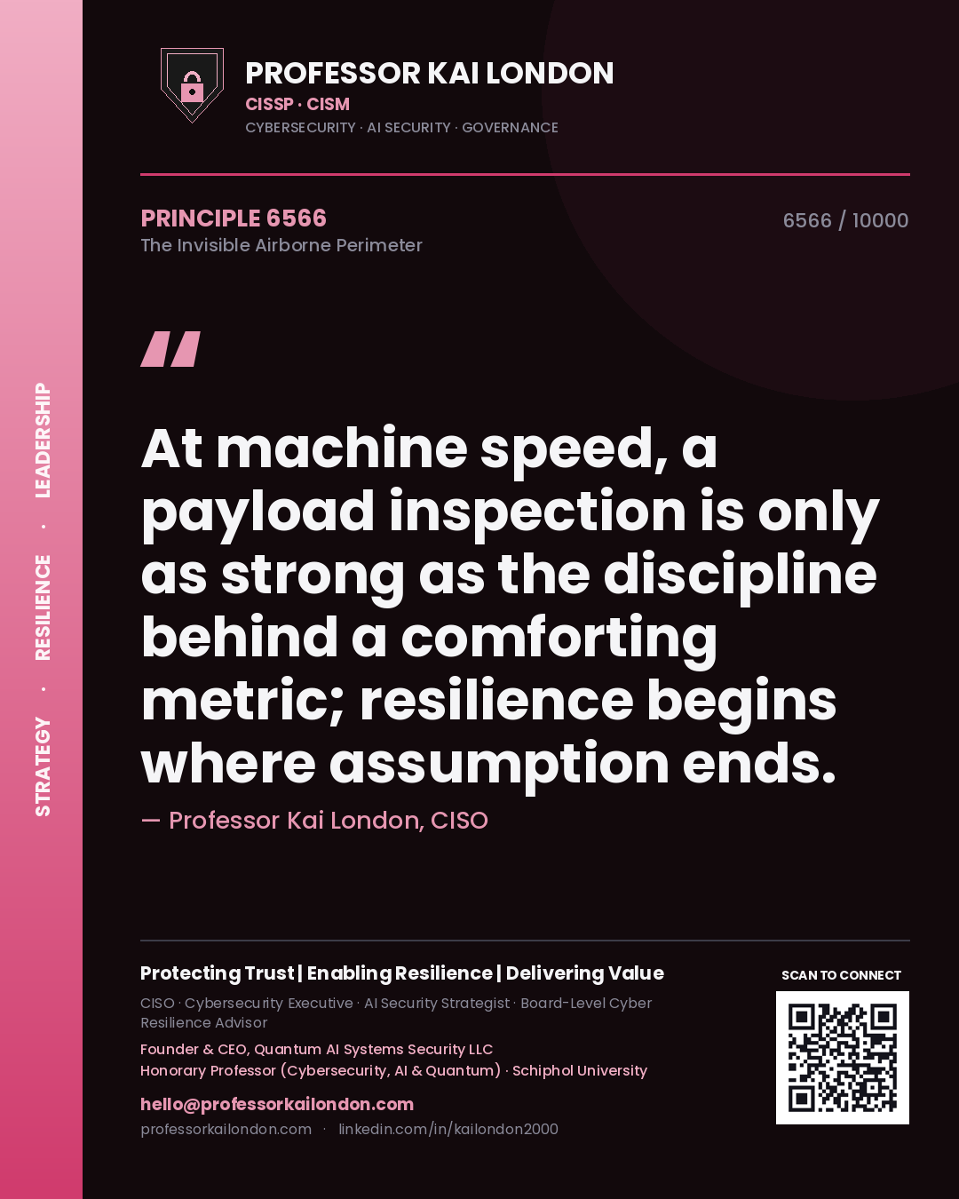 Quote card by Professor Kai London reading 'At machine speed, a payload inspection is only as strong as the discipline behind a comforting metric; resilience begins where assumption ends.'. From the book The Invisible Airborne Perimeter.