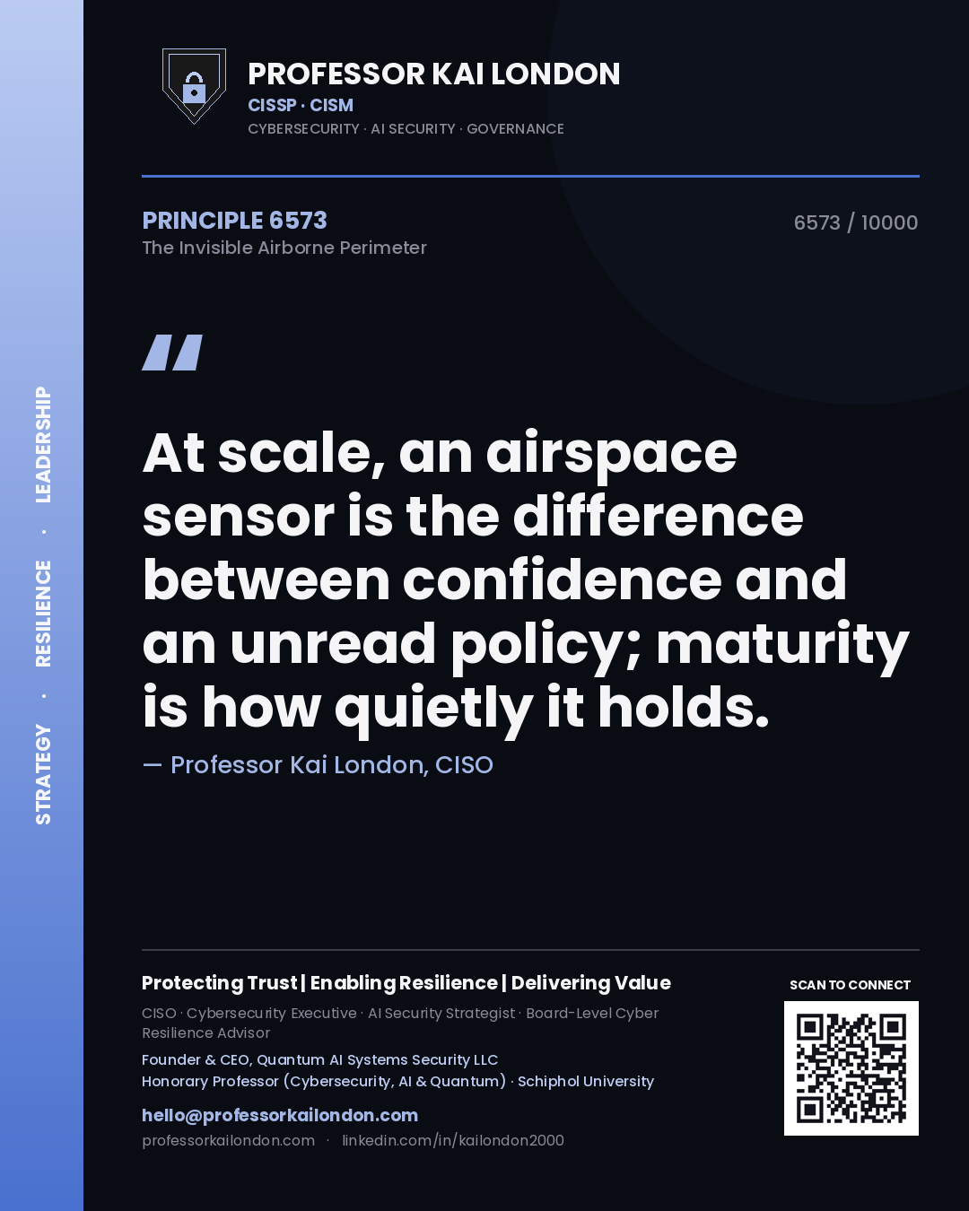 Quote card by Professor Kai London reading 'At scale, an airspace sensor is the difference between confidence and an unread policy; maturity is how quietly it holds.'. From the book The Invisible Airborne Perimeter.