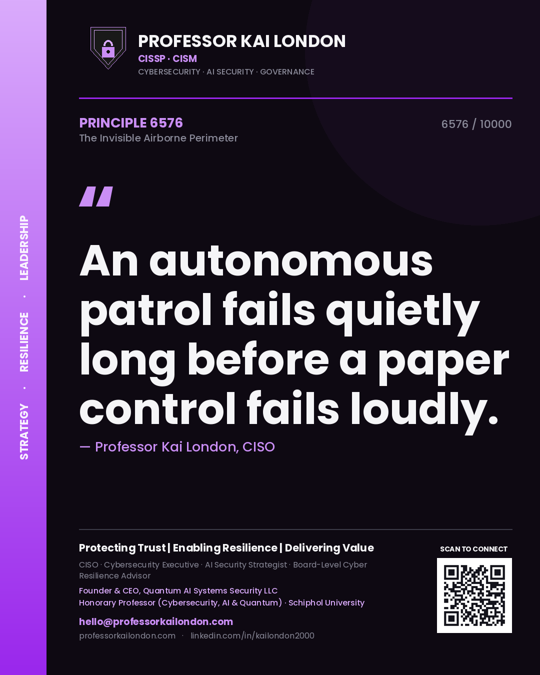 Quote card by Professor Kai London reading 'An autonomous patrol fails quietly long before a paper control fails loudly.'. From the book The Invisible Airborne Perimeter.