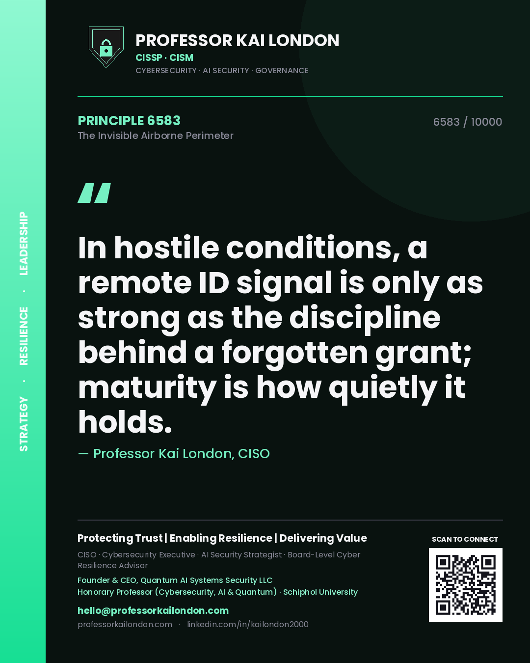 Quote card by Professor Kai London reading 'In hostile conditions, a remote ID signal is only as strong as the discipline behind a forgotten grant; maturity is how quietly it holds.'. From the book The Invisible Airborne Perimeter.