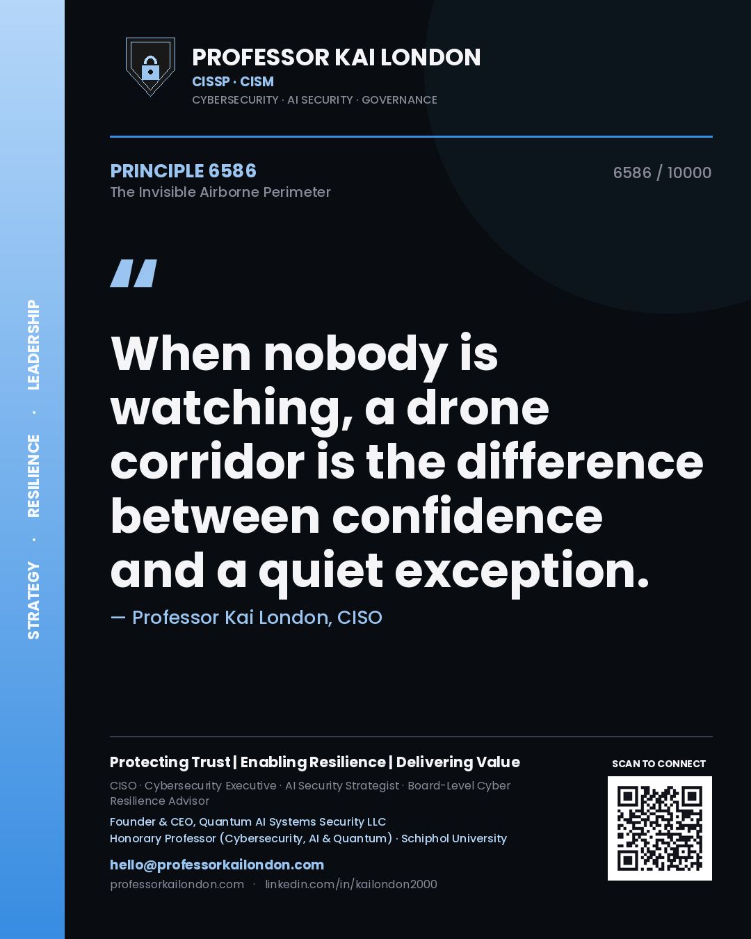 Quote card by Professor Kai London reading 'When nobody is watching, a drone corridor is the difference between confidence and a quiet exception.'. From the book The Invisible Airborne Perimeter.