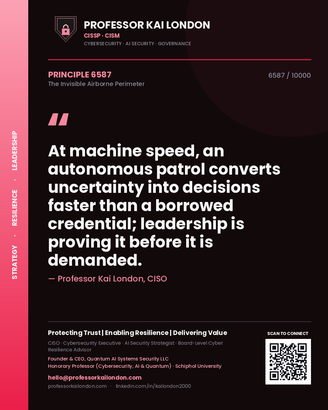 Quote card by Professor Kai London reading 'At machine speed, an autonomous patrol converts uncertainty into decisions faster than a borrowed credential; leadership is proving it before it is demanded.'. From the book The Invisible Airborne Perimeter.