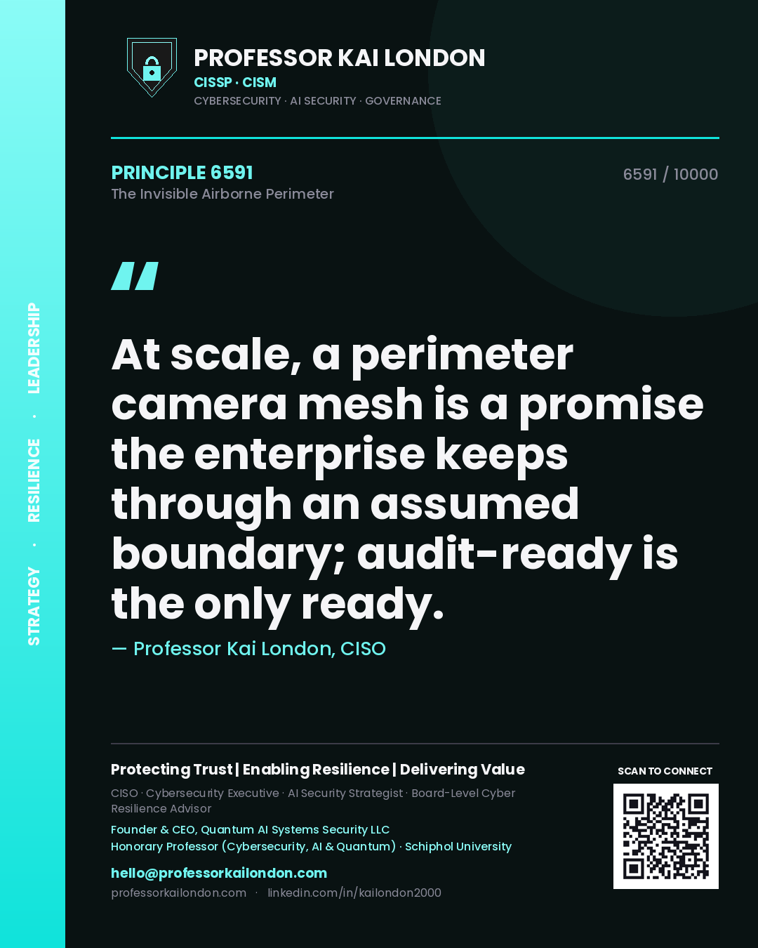 Quote card by Professor Kai London reading 'At scale, a perimeter camera mesh is a promise the enterprise keeps through an assumed boundary; audit-ready is the only ready.'. From the book The Invisible Airborne Perimeter.