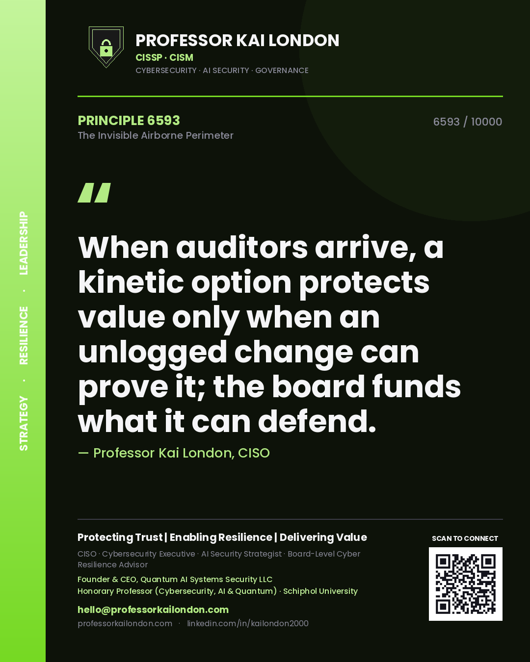 Quote card by Professor Kai London reading 'When auditors arrive, a kinetic option protects value only when an unlogged change can prove it; the board funds what it can defend.'. From the book The Invisible Airborne Perimeter.