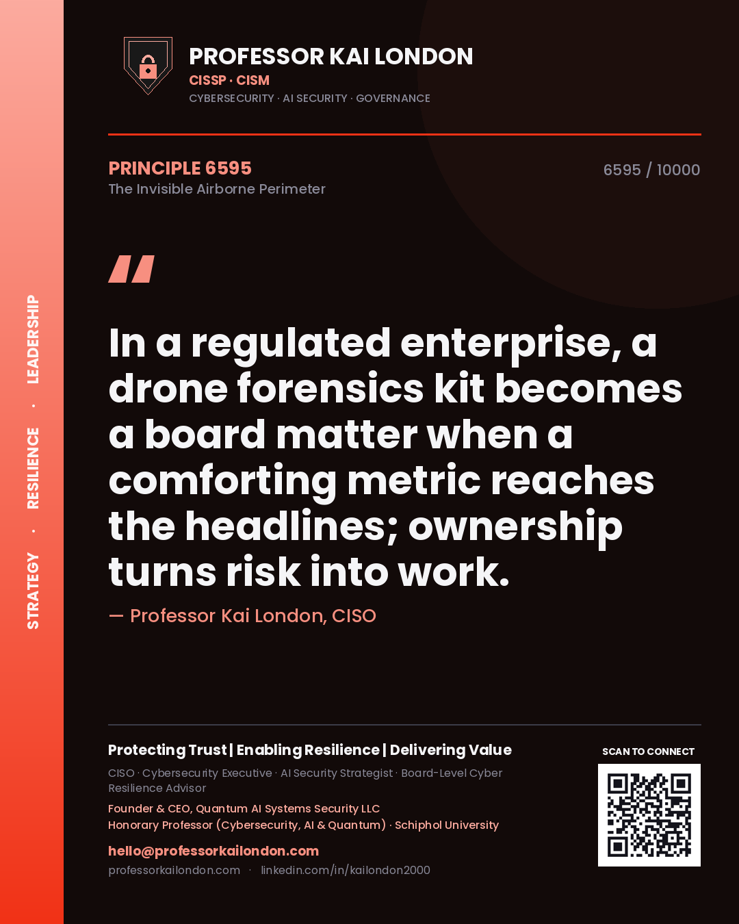 Quote card by Professor Kai London reading 'In a regulated enterprise, a drone forensics kit becomes a board matter when a comforting metric reaches the headlines; ownership turns risk into work.'. From the book The Invisible Airborne Perimeter.