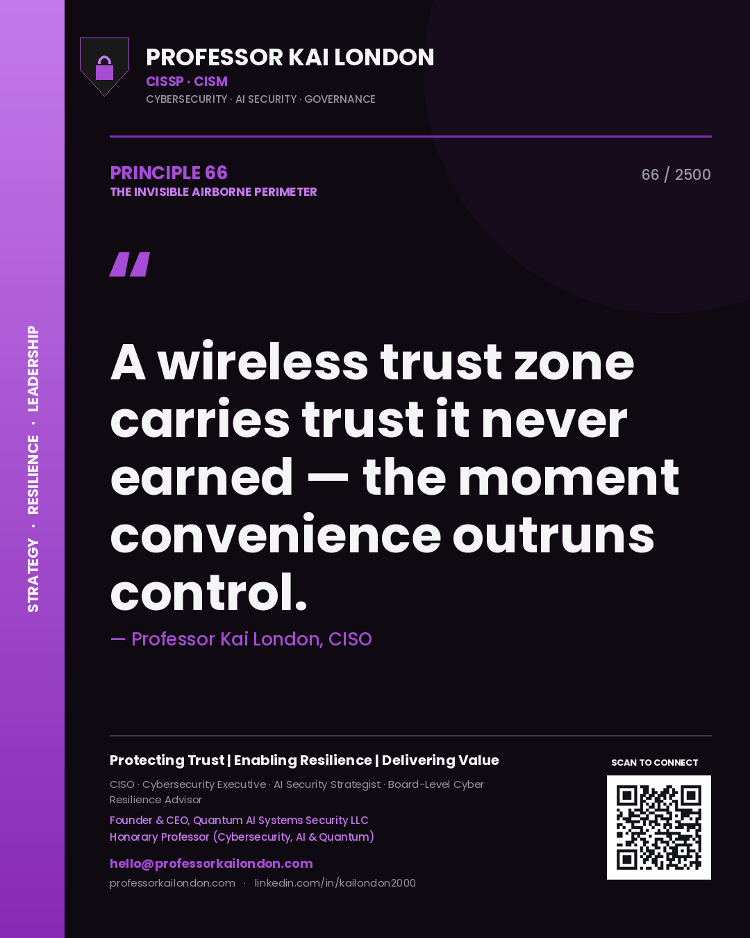 Quote card by Professor Kai London reading 'A wireless trust zone carries trust it never earned — the moment convenience outruns control.'. From the book The Invisible Airborne Perimeter.
