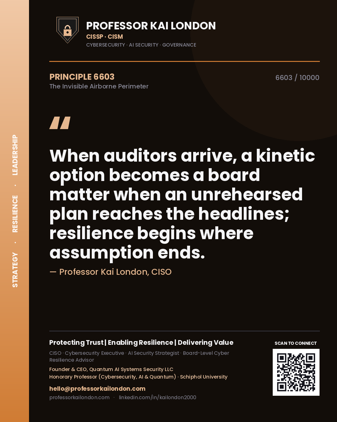Quote card by Professor Kai London reading 'When auditors arrive, a kinetic option becomes a board matter when an unrehearsed plan reaches the headlines; resilience begins where assumption ends.'. From the book The Invisible Airborne Perimeter.