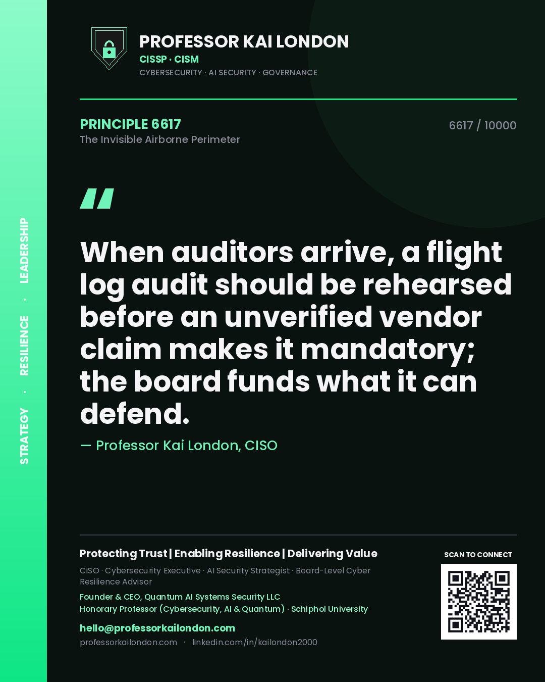 Professor Kai London principle 6617: When auditors arrive, a flight log audit should be rehearsed before an unverified vendor claim makes it mandatory; the board funds what it can defend.