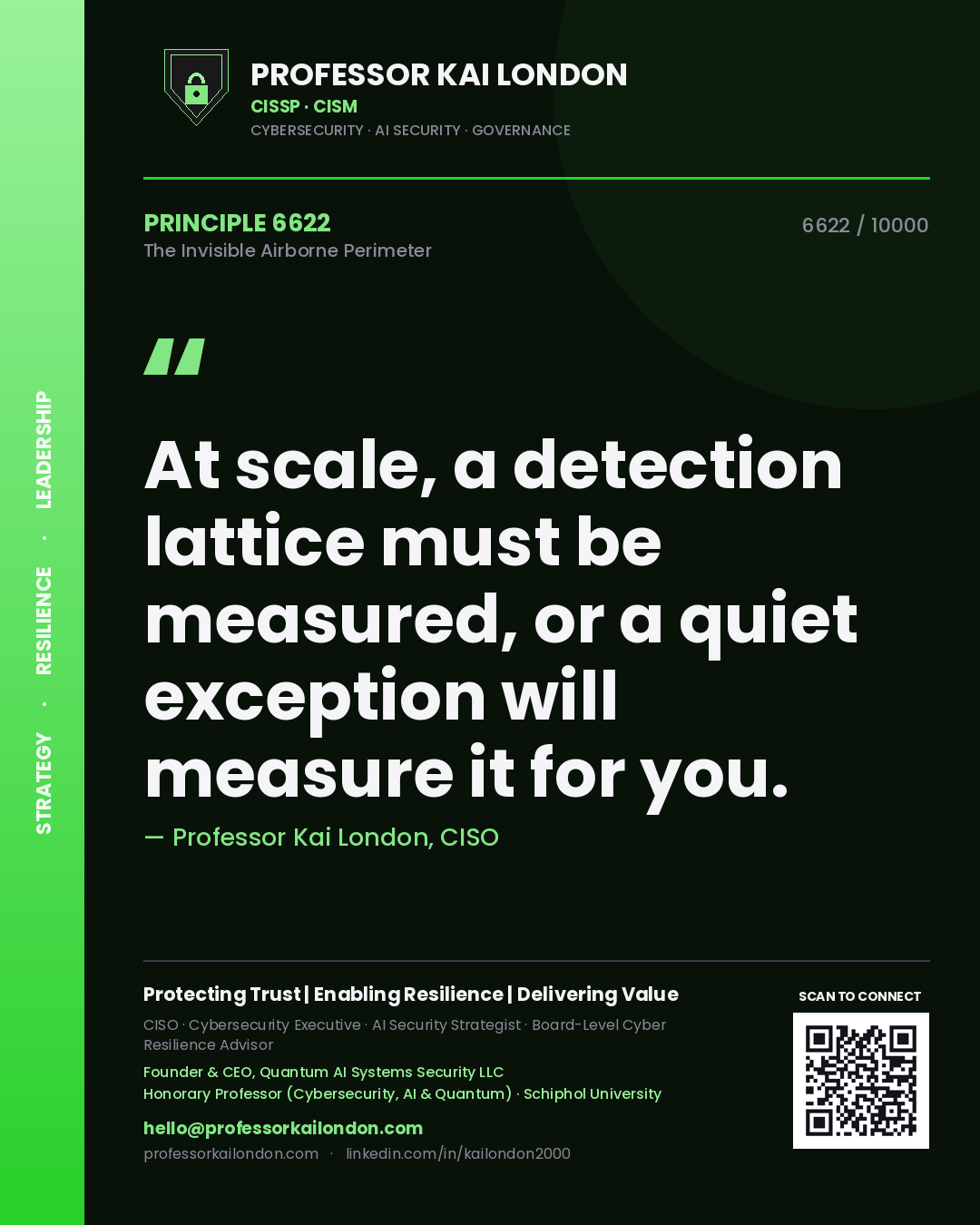 Quote card by Professor Kai London reading 'At scale, a detection lattice must be measured, or a quiet exception will measure it for you.'. From the book The Invisible Airborne Perimeter.