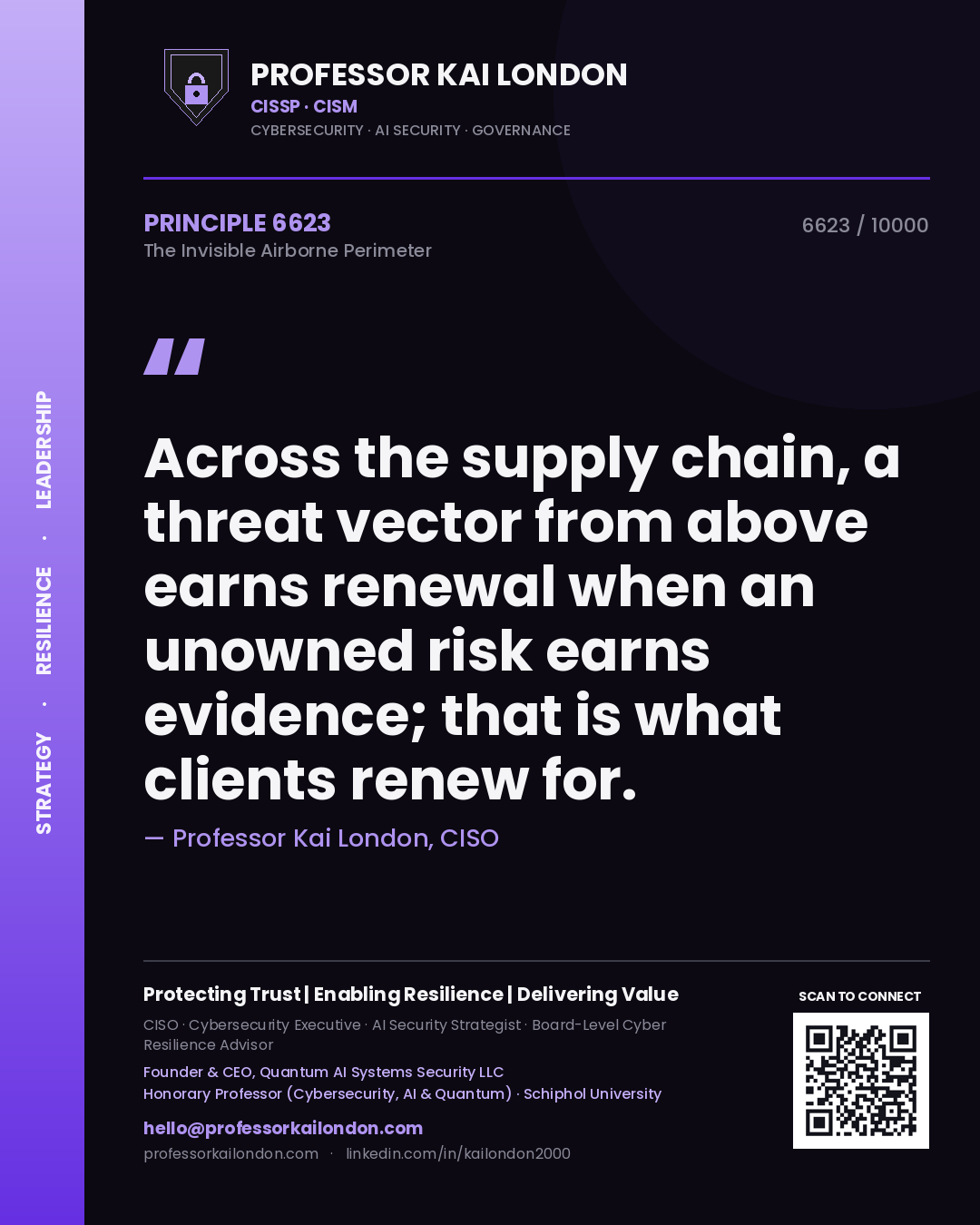 Quote card by Professor Kai London reading 'Across the supply chain, a threat vector from above earns renewal when an unowned risk earns evidence; that is what clients renew for.'. From the book The Invisible Airborne Perimeter.