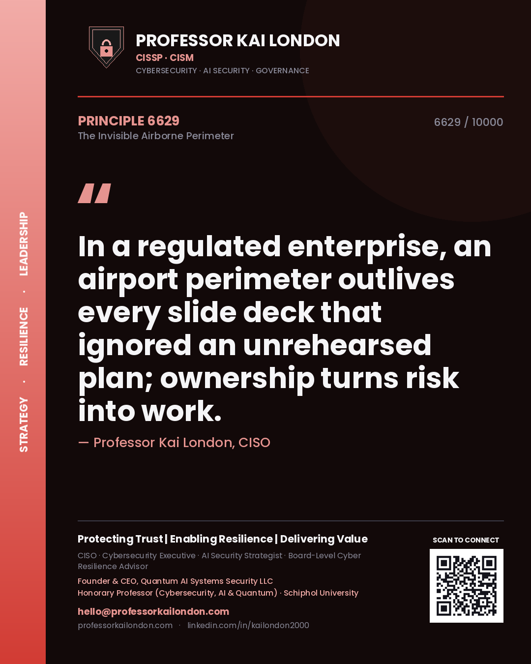 Quote card by Professor Kai London reading 'In a regulated enterprise, an airport perimeter outlives every slide deck that ignored an unrehearsed plan; ownership turns risk into work.'. From the book The Invisible Airborne Perimeter.