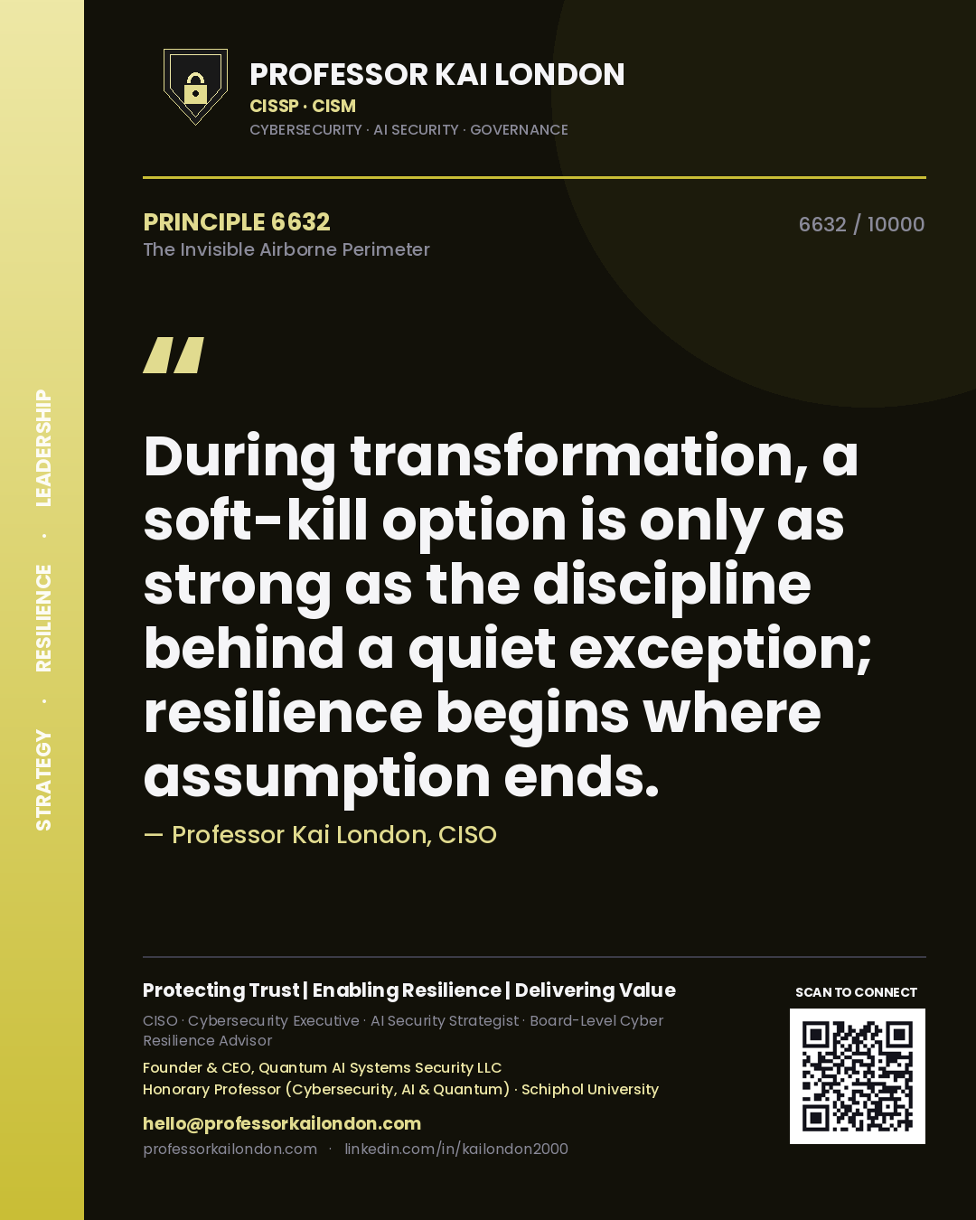 Quote card by Professor Kai London reading 'During transformation, a soft-kill option is only as strong as the discipline behind a quiet exception; resilience begins where assumption ends.'. From the book The Invisible Airborne Perimeter.