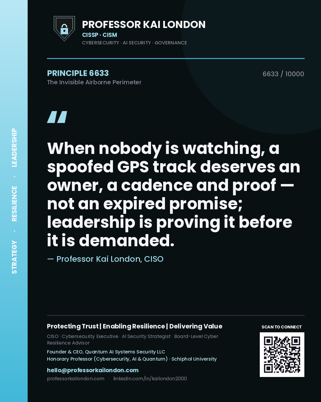 Quote card by Professor Kai London reading 'When nobody is watching, a spoofed GPS track deserves an owner, a cadence and proof — not an expired promise; leadership is proving it before it is demanded.'. From the book The Invisible Airborne Perimeter.