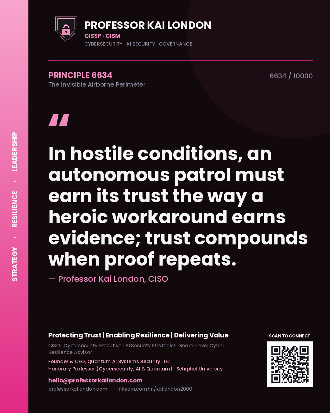 Quote card by Professor Kai London reading 'In hostile conditions, an autonomous patrol must earn its trust the way a heroic workaround earns evidence; trust compounds when proof repeats.'. From the book The Invisible Airborne Perimeter.