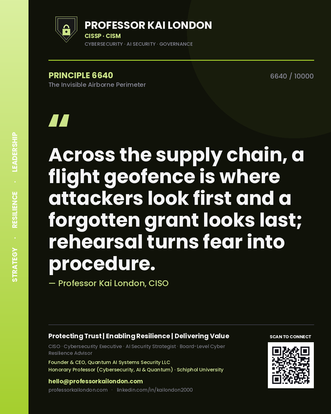 Quote card by Professor Kai London reading 'Across the supply chain, a flight geofence is where attackers look first and a forgotten grant looks last; rehearsal turns fear into procedure.'. From the book The Invisible Airborne Perimeter.
