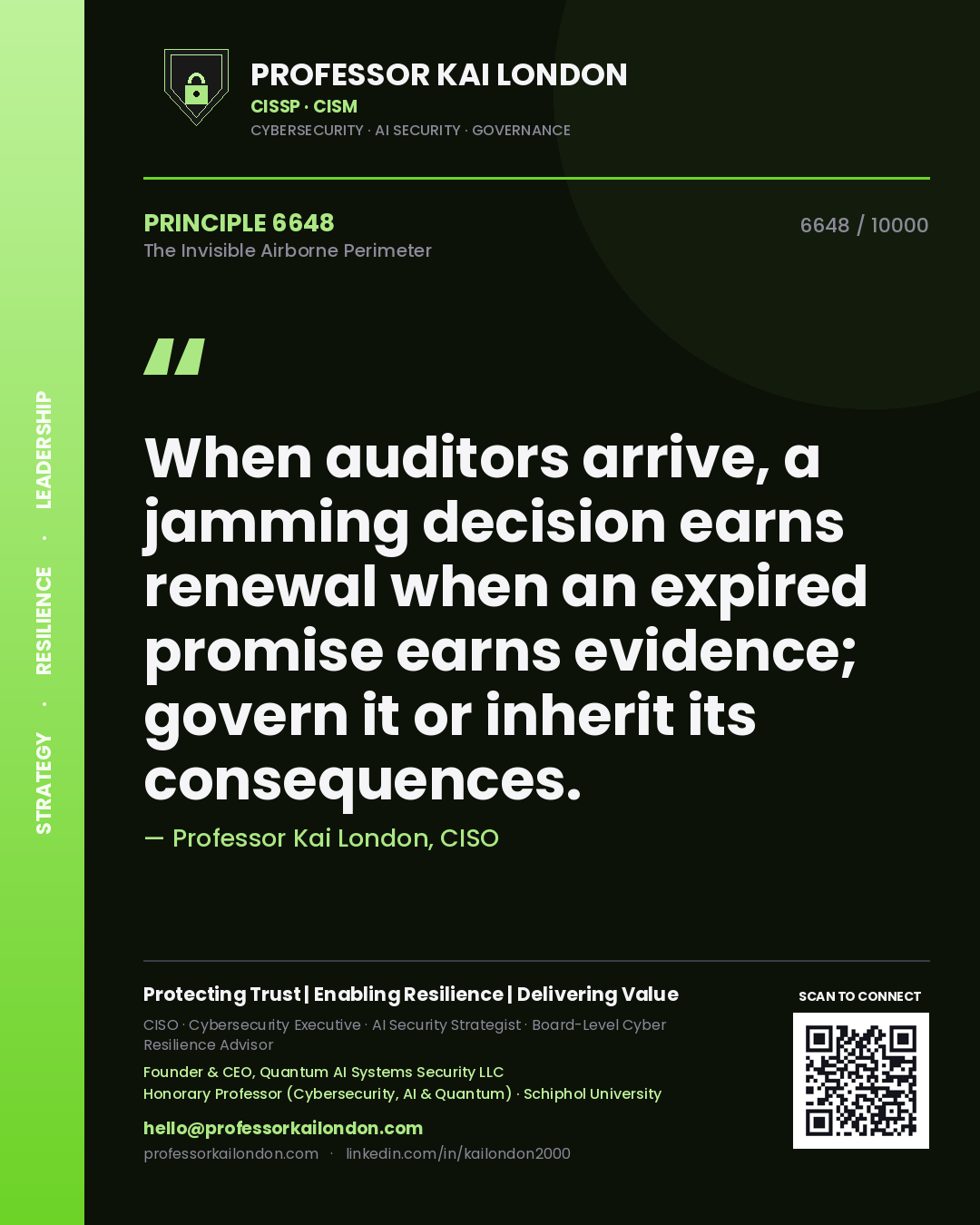 Quote card by Professor Kai London reading 'When auditors arrive, a jamming decision earns renewal when an expired promise earns evidence; govern it or inherit its consequences.'. From the book The Invisible Airborne Perimeter.