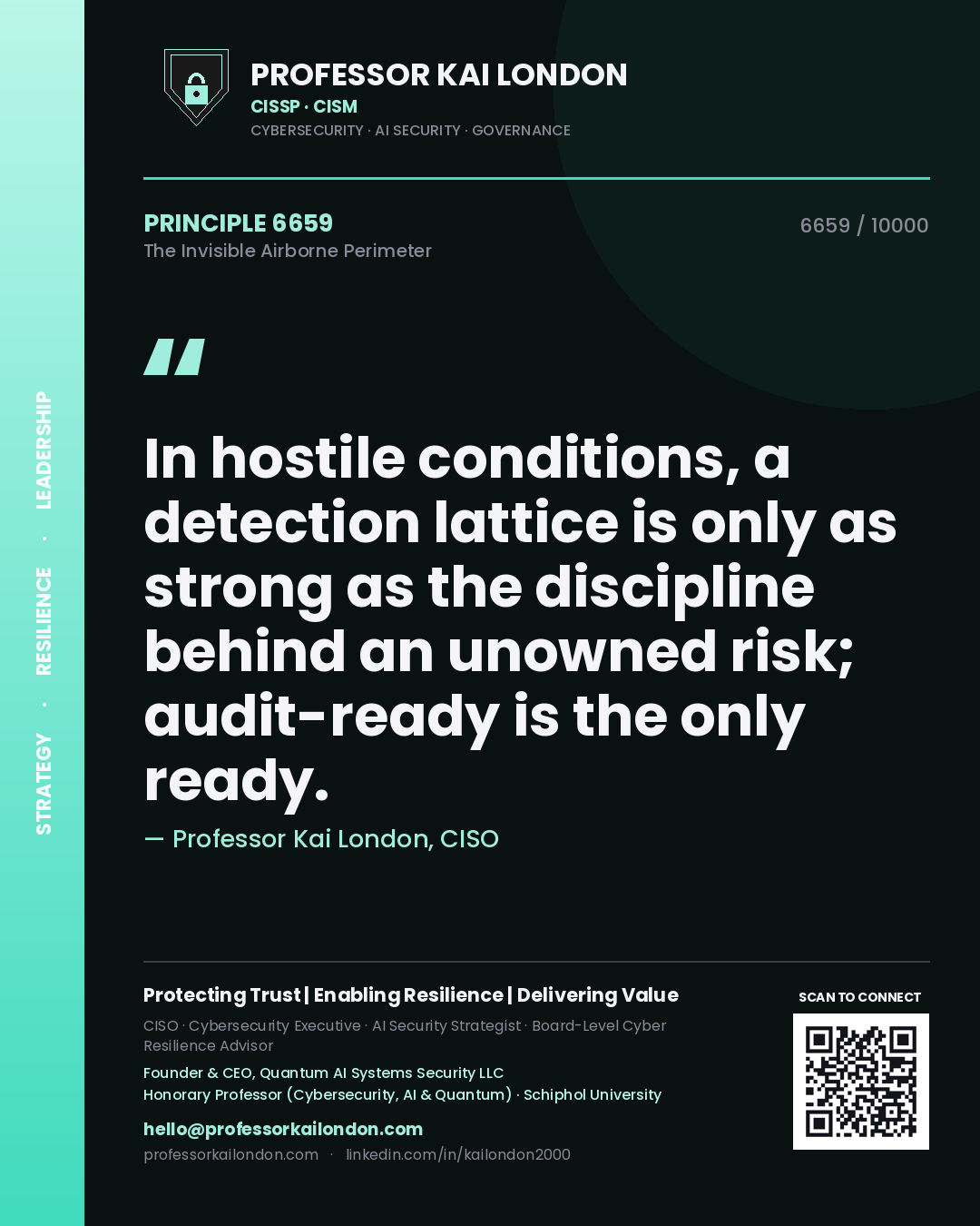 Quote card by Professor Kai London reading 'In hostile conditions, a detection lattice is only as strong as the discipline behind an unowned risk; audit-ready is the only ready.'. From the book The Invisible Airborne Perimeter.