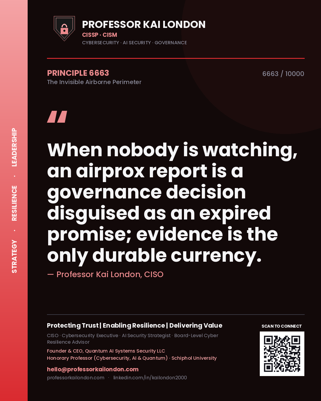 Quote card by Professor Kai London reading 'When nobody is watching, an airprox report is a governance decision disguised as an expired promise; evidence is the only durable currency.'. From the book The Invisible Airborne Perimeter.