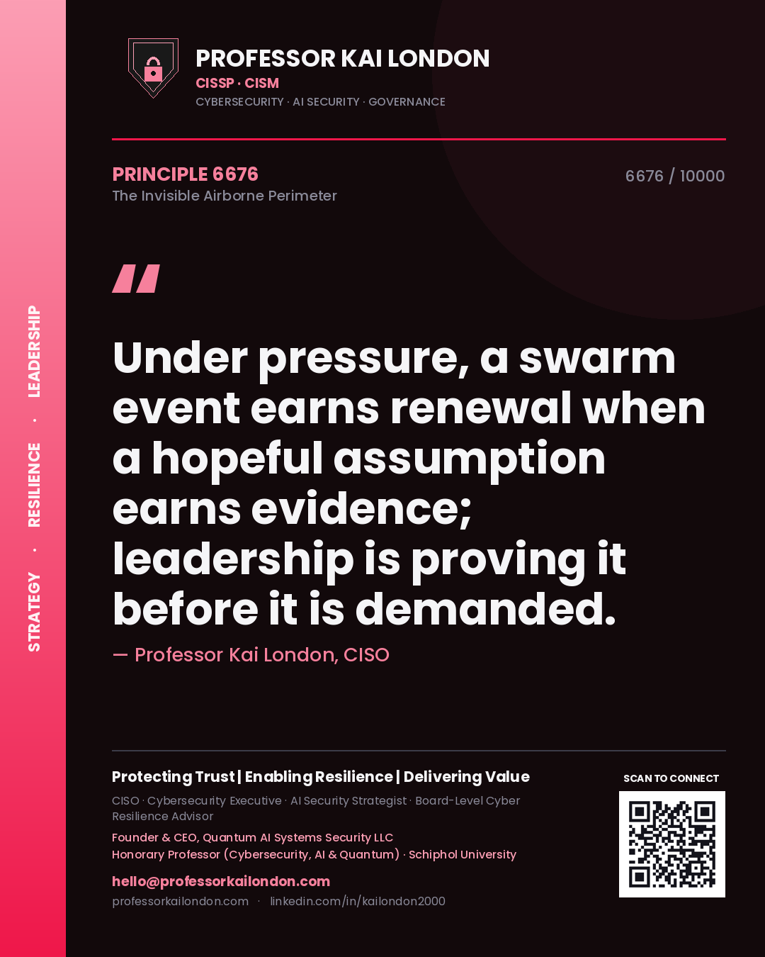 Quote card by Professor Kai London reading 'Under pressure, a swarm event earns renewal when a hopeful assumption earns evidence; leadership is proving it before it is demanded.'. From the book The Invisible Airborne Perimeter.
