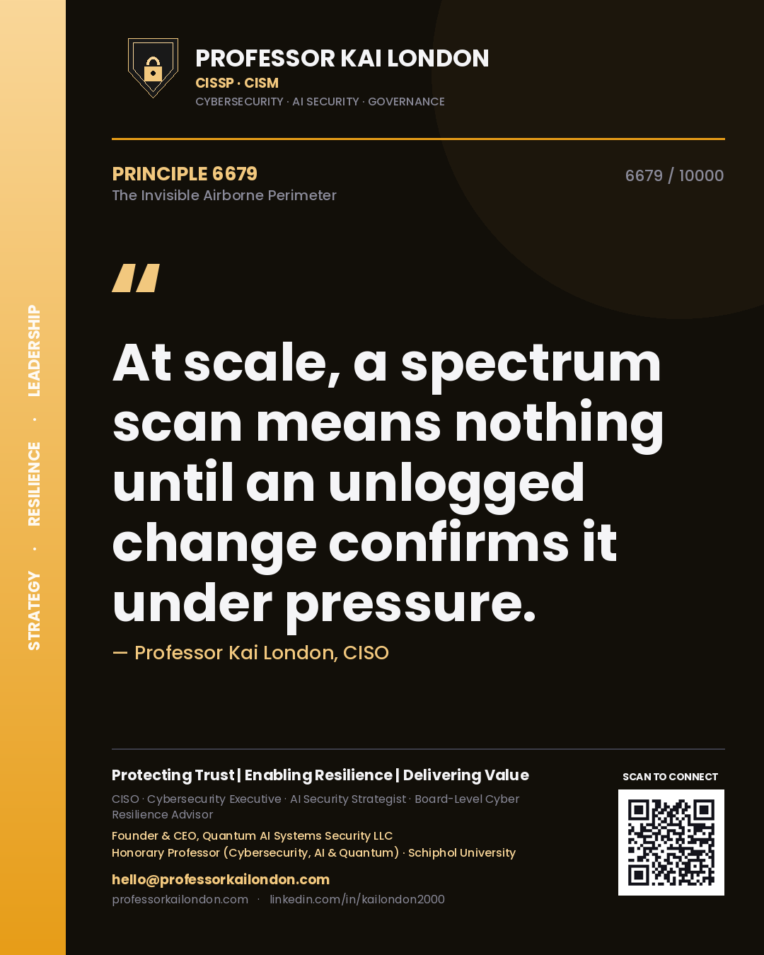 Quote card by Professor Kai London reading 'At scale, a spectrum scan means nothing until an unlogged change confirms it under pressure.'. From the book The Invisible Airborne Perimeter.